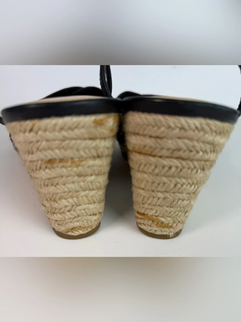 Via Spiga Inna 8 Black Leather Open Toe Woven Espadrille Platform Wedge Sandals